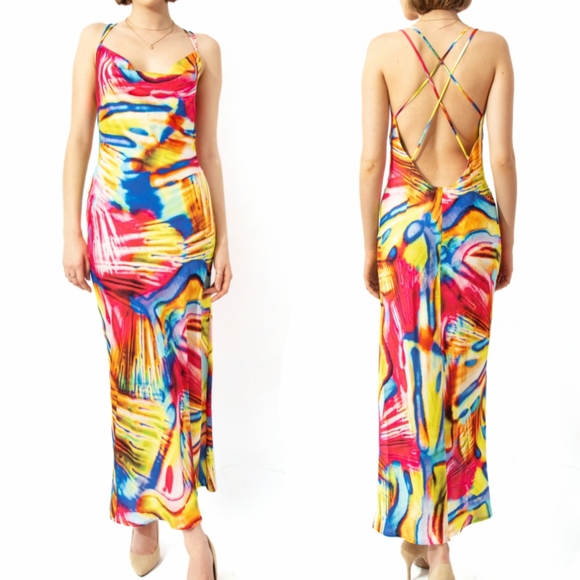 Cosel Anthos Vacation Coral Rainbow Psychedelic Exposed Back Midi Dress Sz 6 NWT - Picture 3 of 10